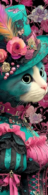 Cat bookmarks design of a whimsical dress cat with teal and white face